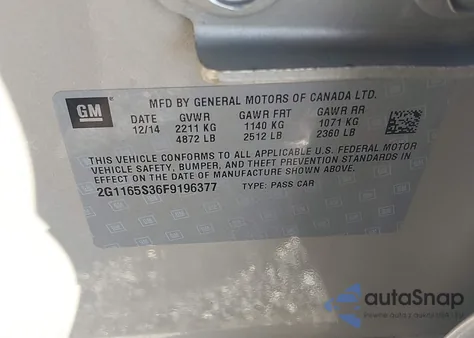 2015 Chevrolet Impala 2Lz из США, поврежденный, VIN 2G1165S36F9196377